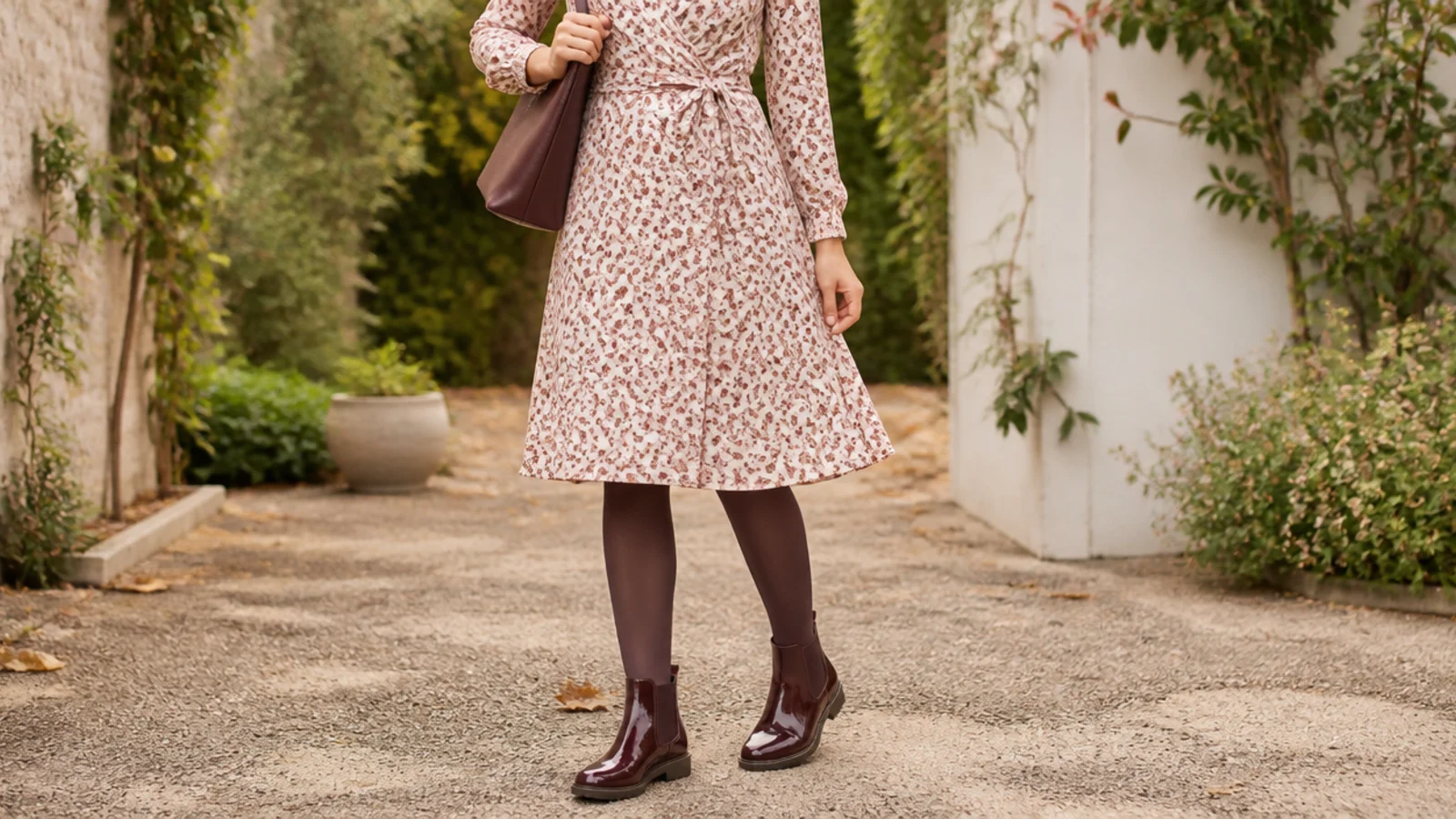 Faceless outfit with a knee-length printed wrap dress, opaque tights and glossy rubber Chelsea boots