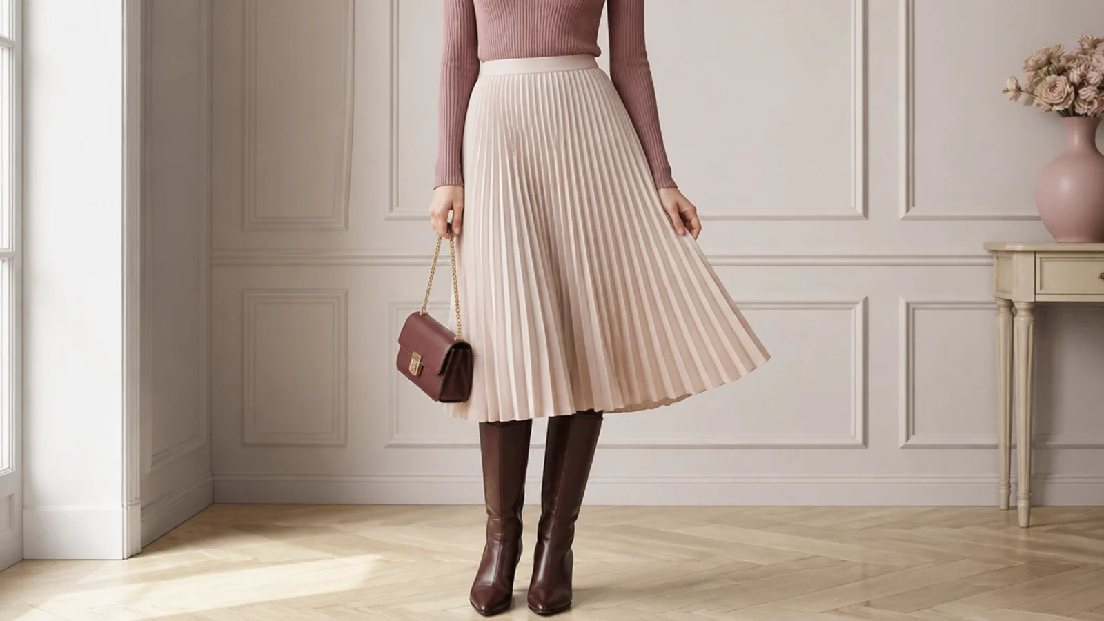 Faceless outfit with a pleated midi skirt, opaque tights, a fitted knit and knee-high leather boots