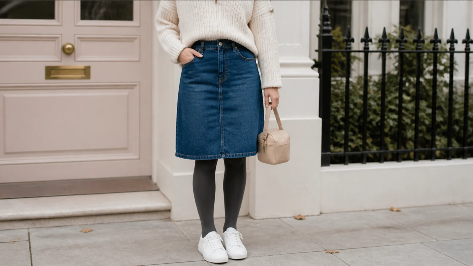 Faceless outfit with a knee-length A-line denim skirt, opaque tights and white waterproof sneakers