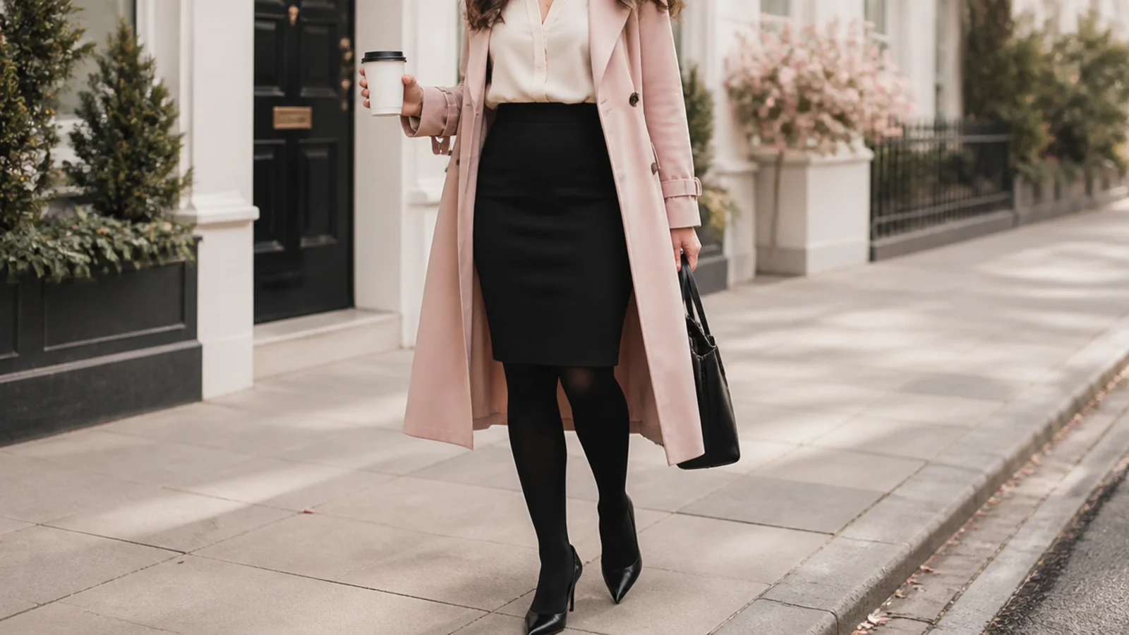 Faceless workwear outfit with a black ponte pencil skirt, opaque tights, a blouse and a waterproof trench