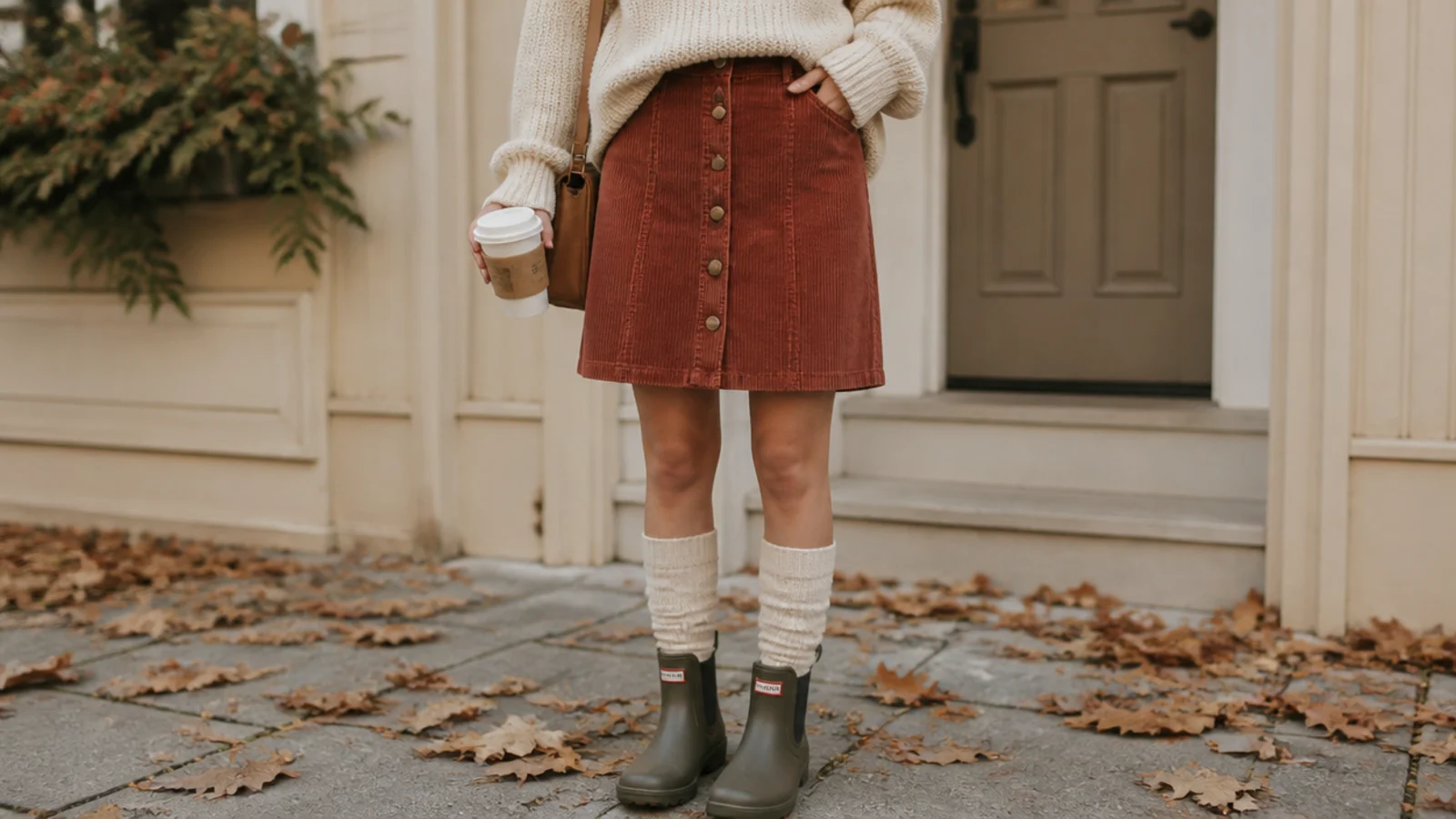 Faceless outfit with a rust corduroy A-line skirt, knee socks, a chunky knit and short rain boots