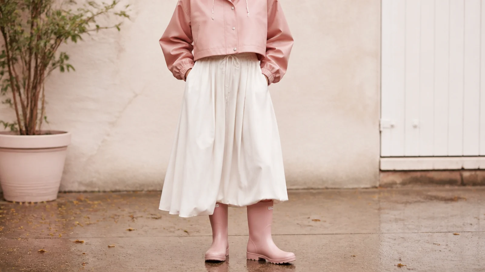 Faceless outfit with a synthetic maxi skirt tucked into tall rain boots and a cropped raincoat