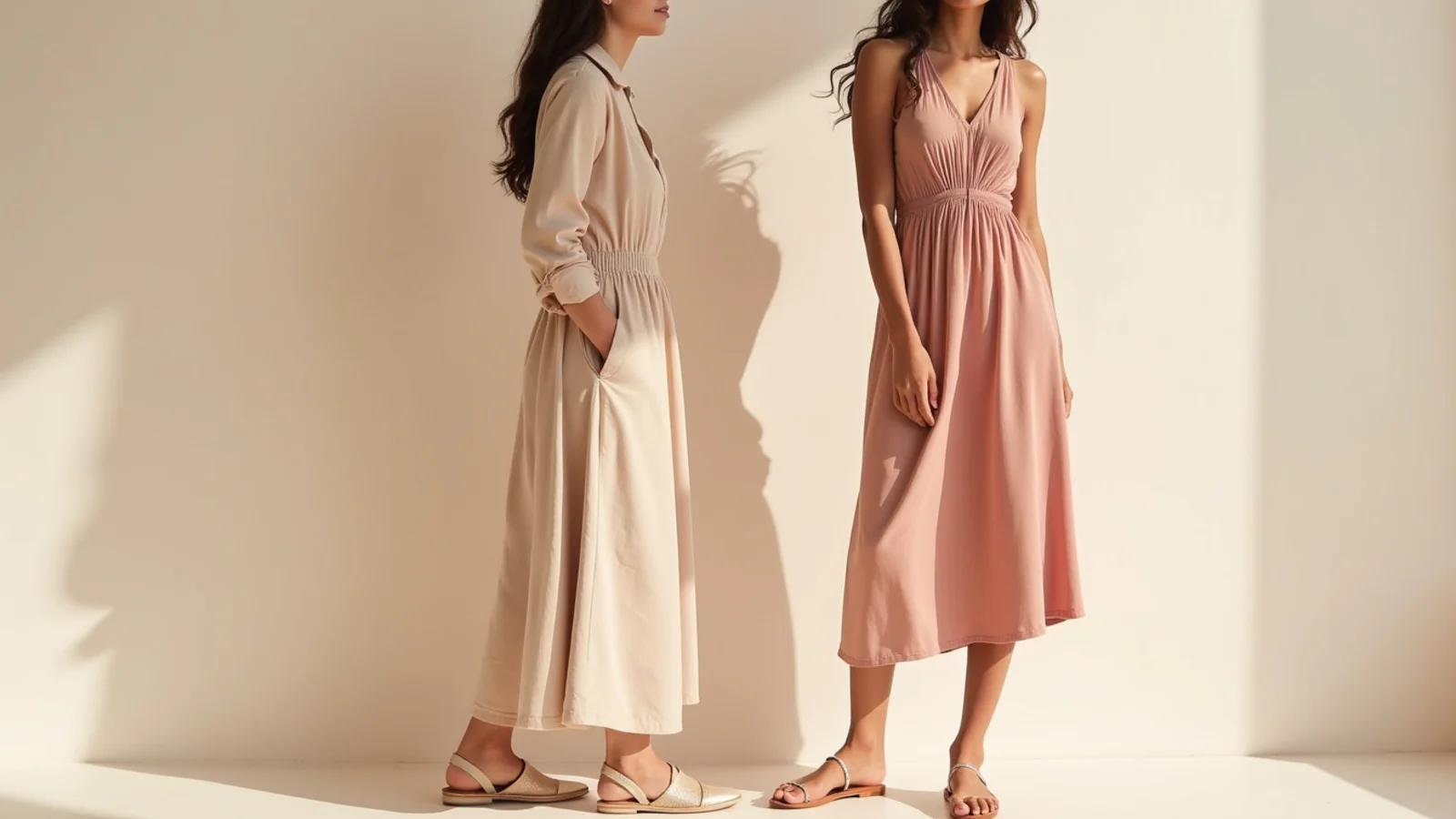Faceless comparison of a midi ponte dress with tights beside a clinging wet cotton maxi dress