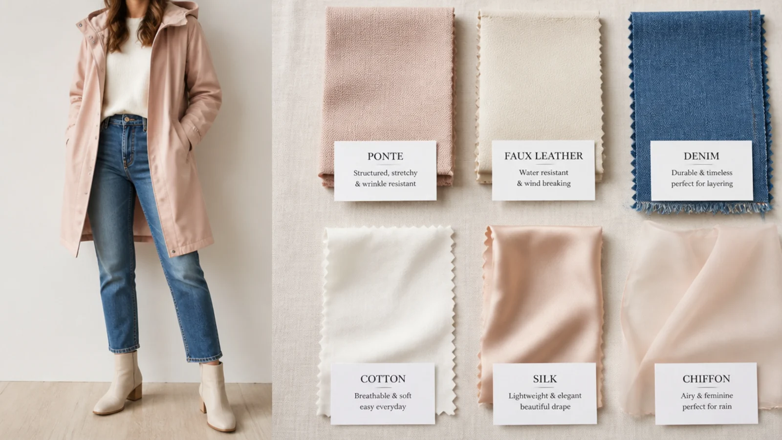 Faceless flat-lay comparing ponte, faux leather, denim, cotton, silk and chiffon swatches for rain