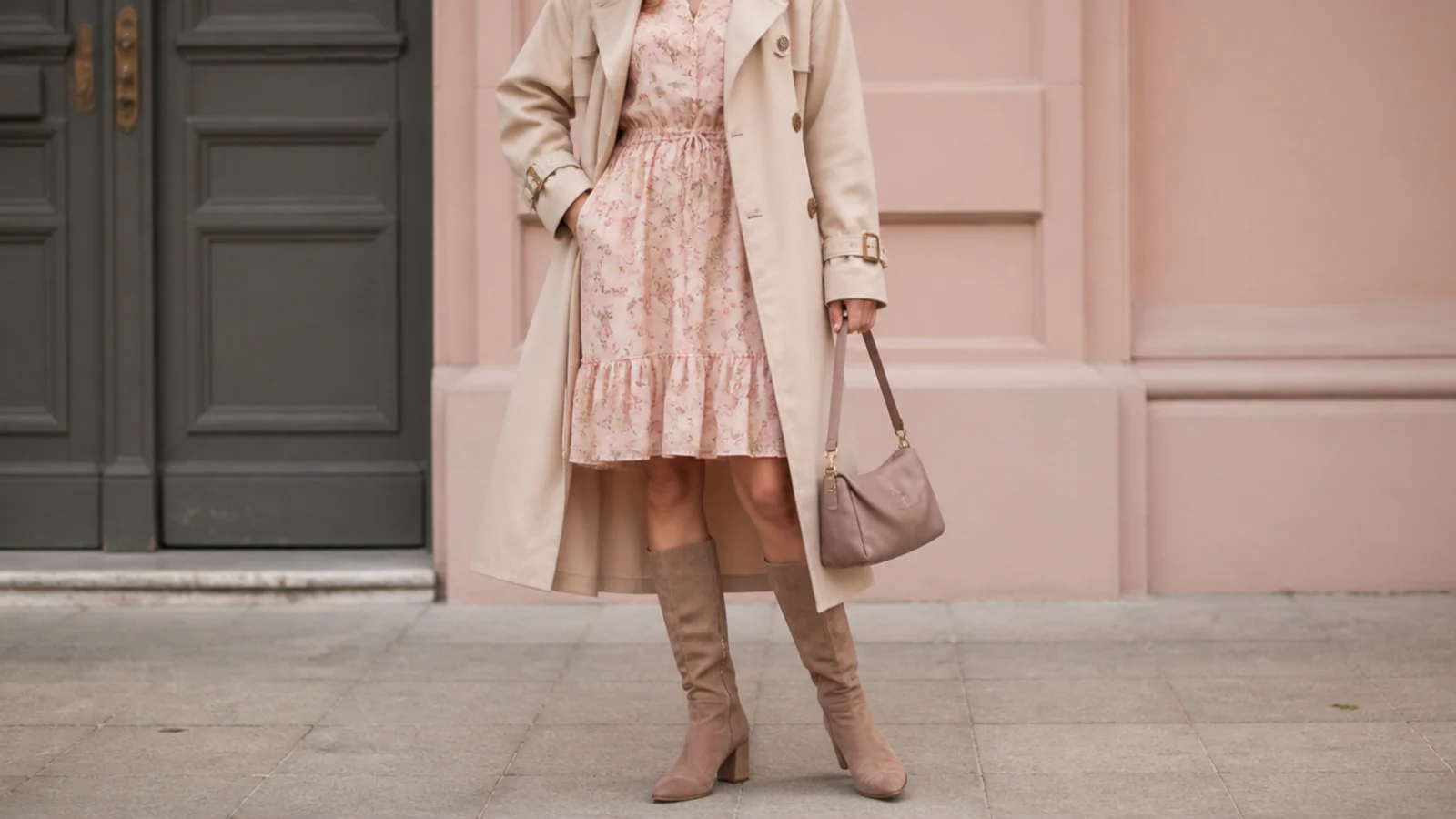Faceless outfit showing a knee-length trench hem ending below a dress to shed runoff onto boots