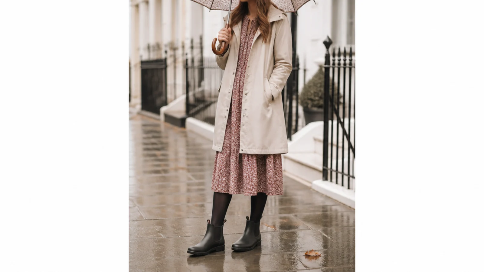 Faceless rainy day outfit with a midi dress, opaque tights and rubber Chelsea boots