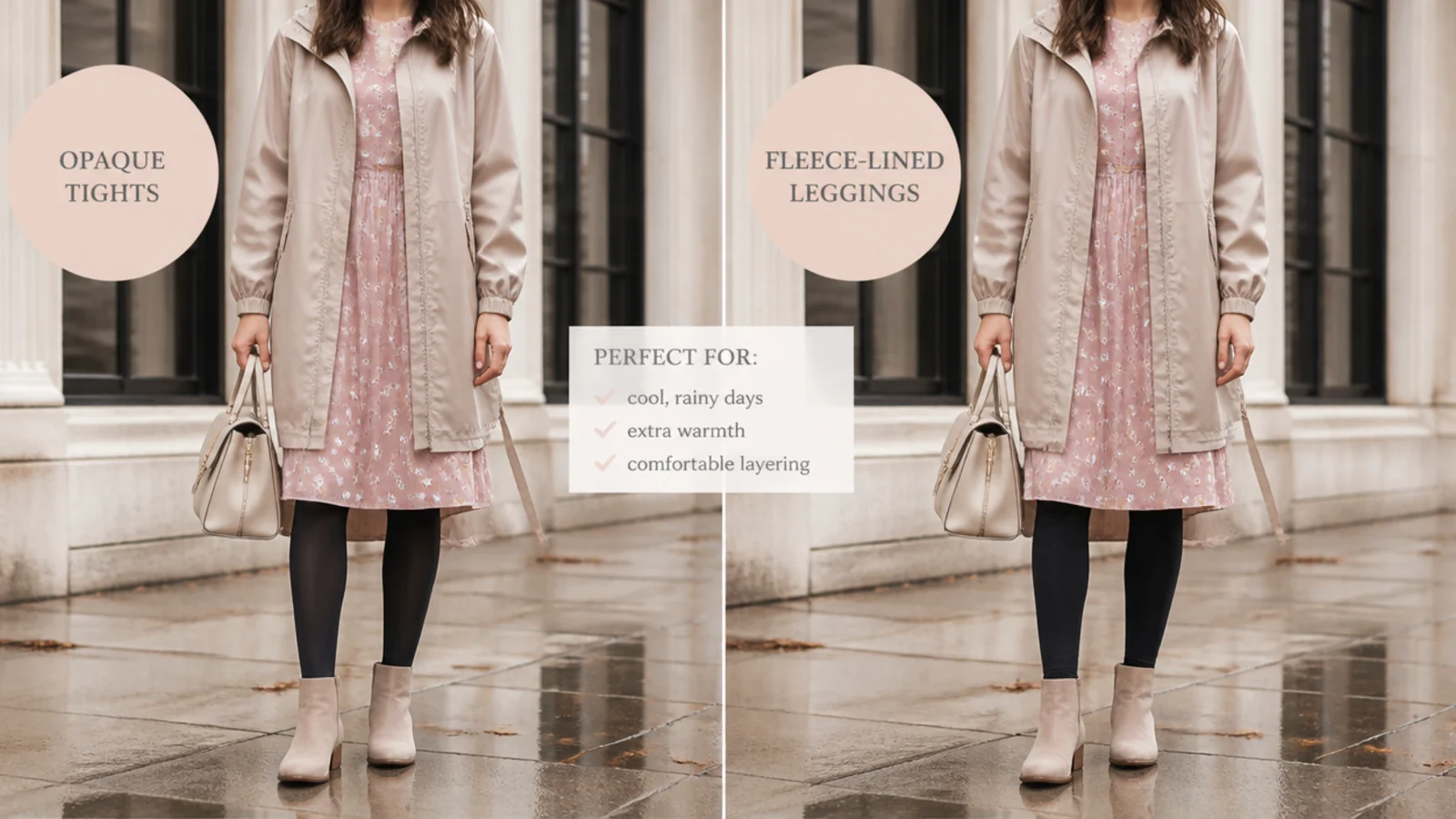 Faceless comparison of opaque tights and fleece-lined leggings worn under a rainy-day midi dress