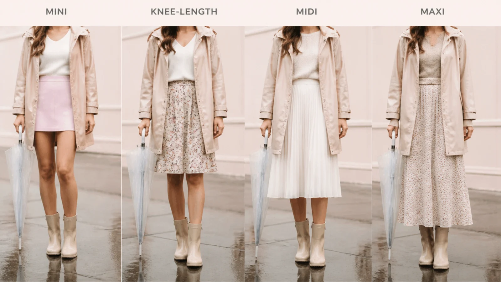 Faceless flat-lay comparing mini, knee-length, midi and maxi hemlines for rainy weather