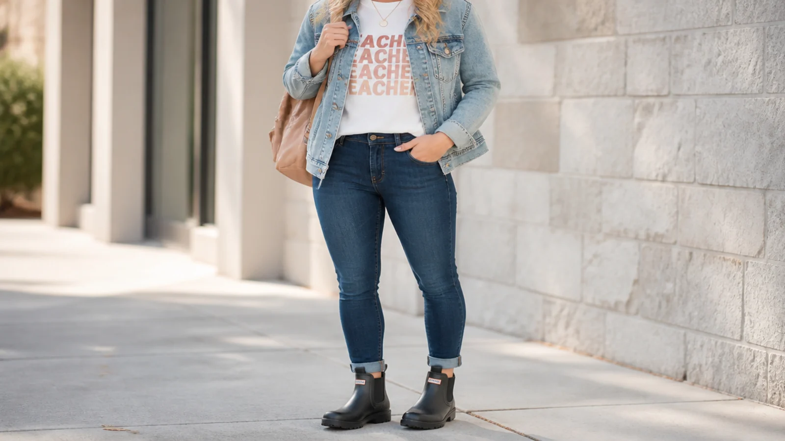 Faceless school outfit with a graphic tee, denim jacket, skinny jeans and short black rain boots