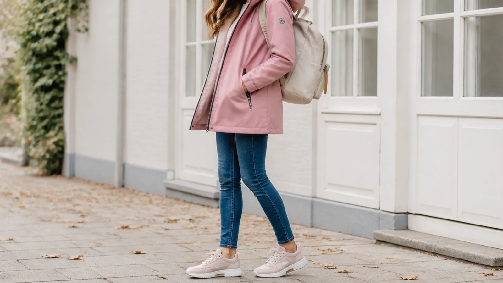 Faceless school outfit with a hooded water-resistant jacket, skinny jeans and waterproof sneakers
