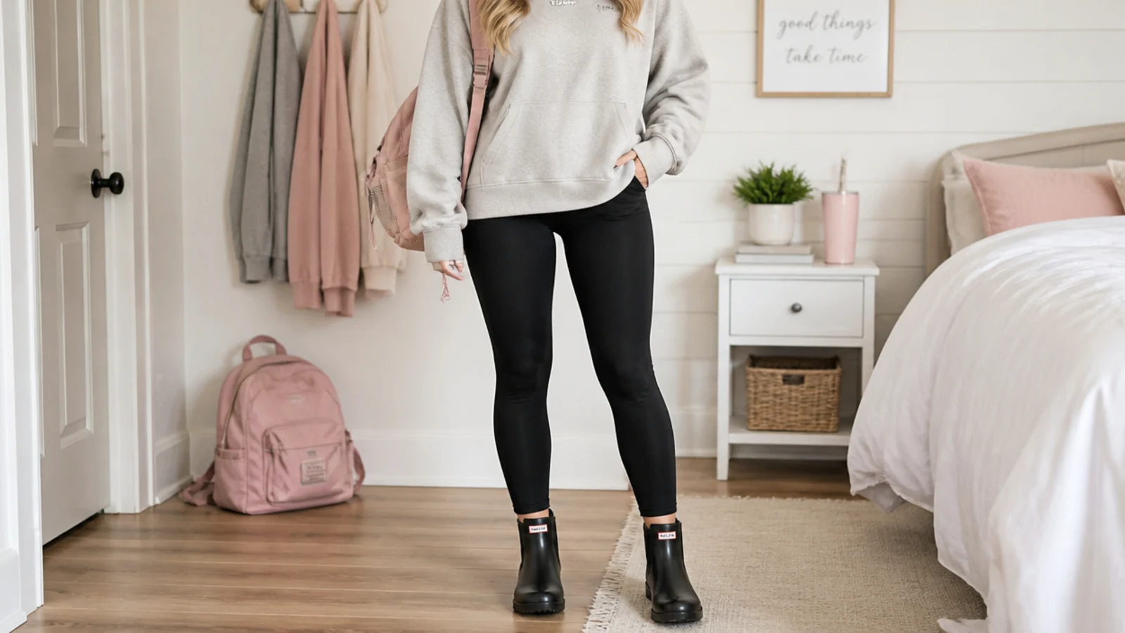 Faceless comfy school outfit with an oversized hoodie, black leggings and short rain boots