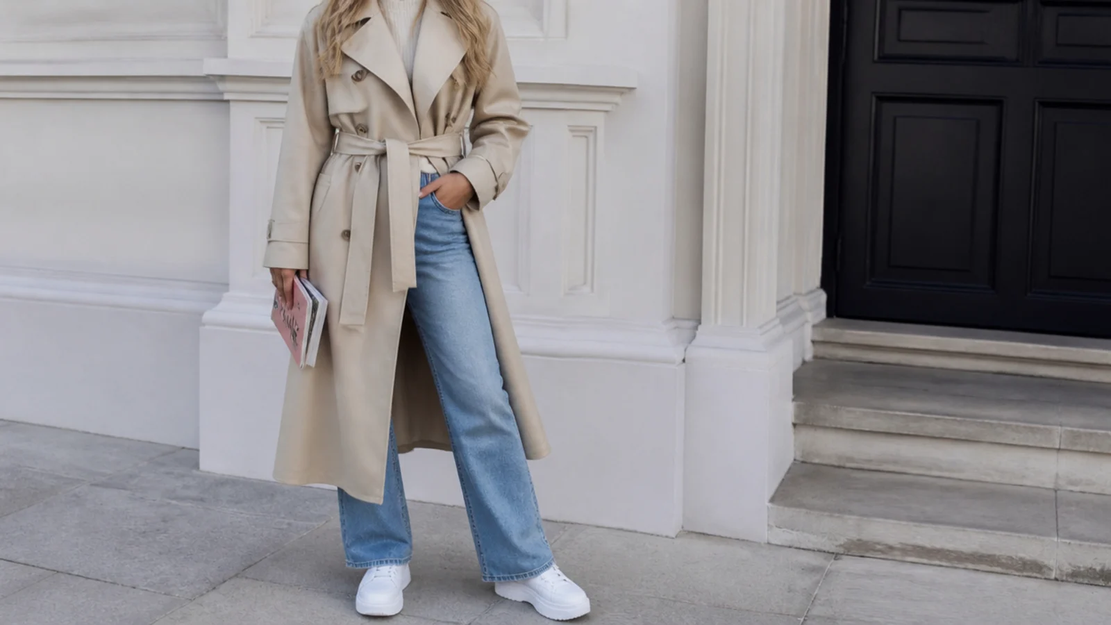 Faceless school outfit with a belted trench coat, straight-leg jeans and waterproof white sneakers