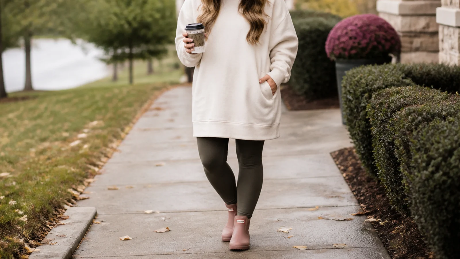 Faceless school outfit with an oversized sweatshirt dress over leggings and short rain boots
