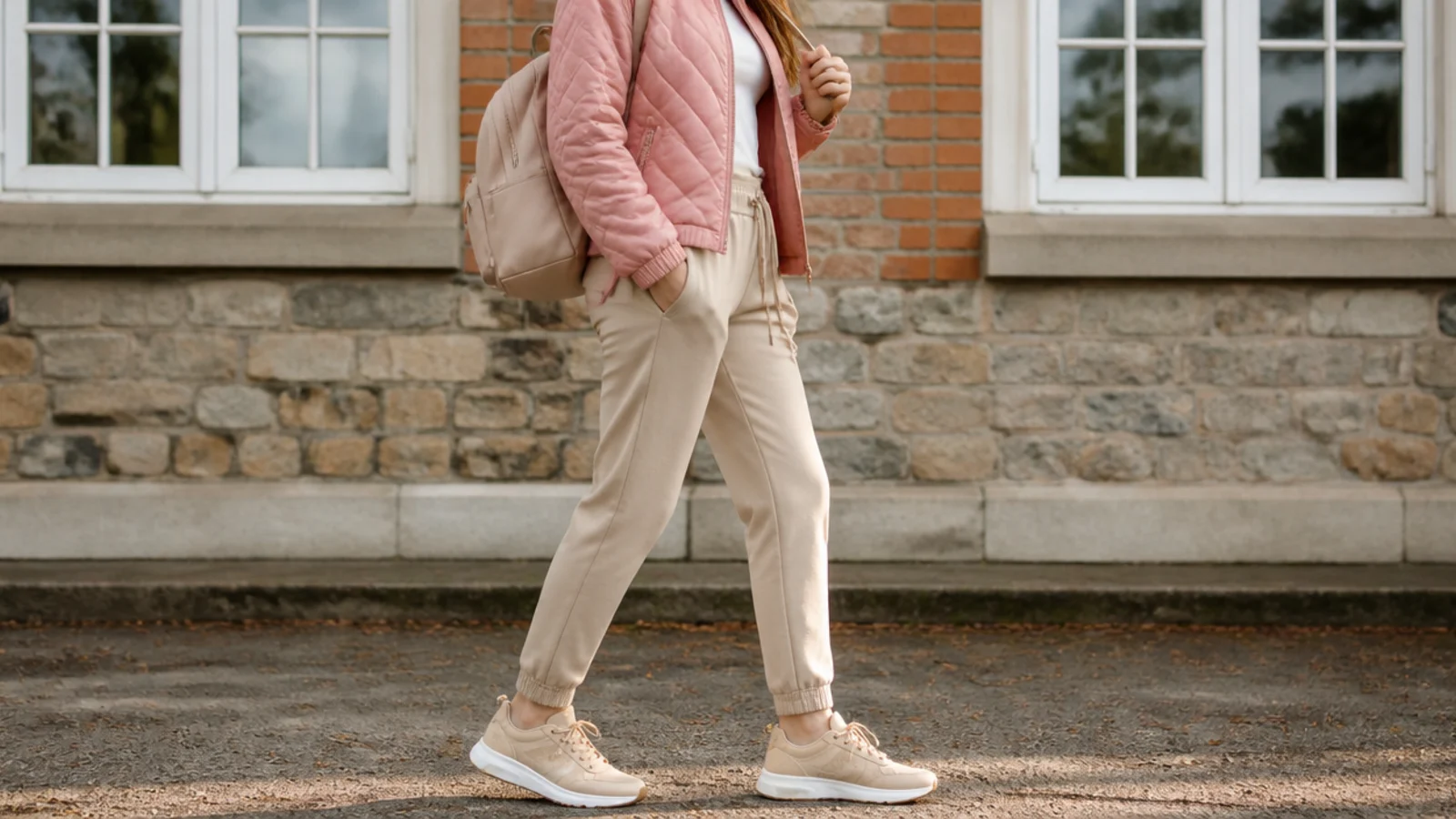 Faceless sporty school outfit with a quilted water-resistant jacket, tapered joggers and waterproof sneakers