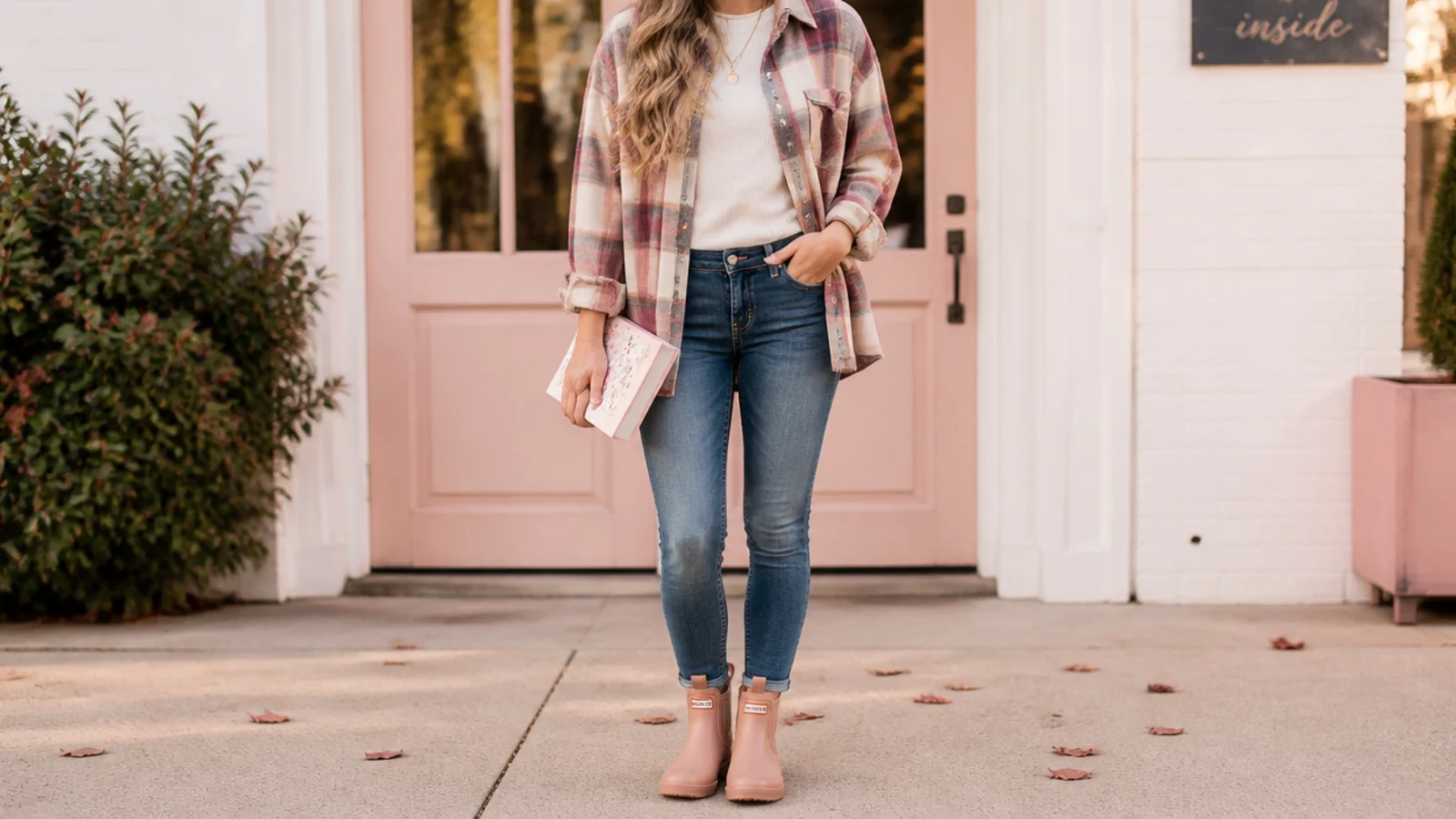 Faceless school outfit with an open flannel shirt over a tee, skinny jeans and short rain boots