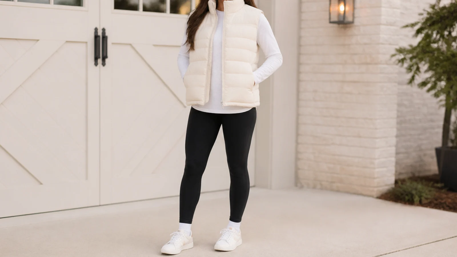 Faceless school outfit with a water-resistant puffer vest, a long-sleeve tee and black leggings