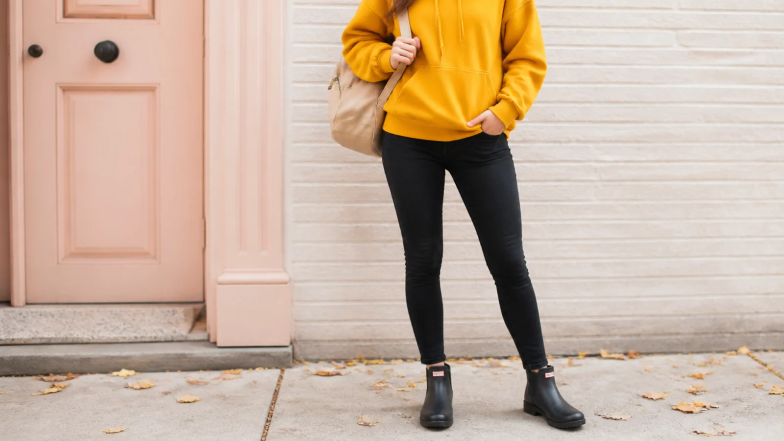 Faceless school outfit with a bright mustard hoodie, black skinny jeans and short black rain boots