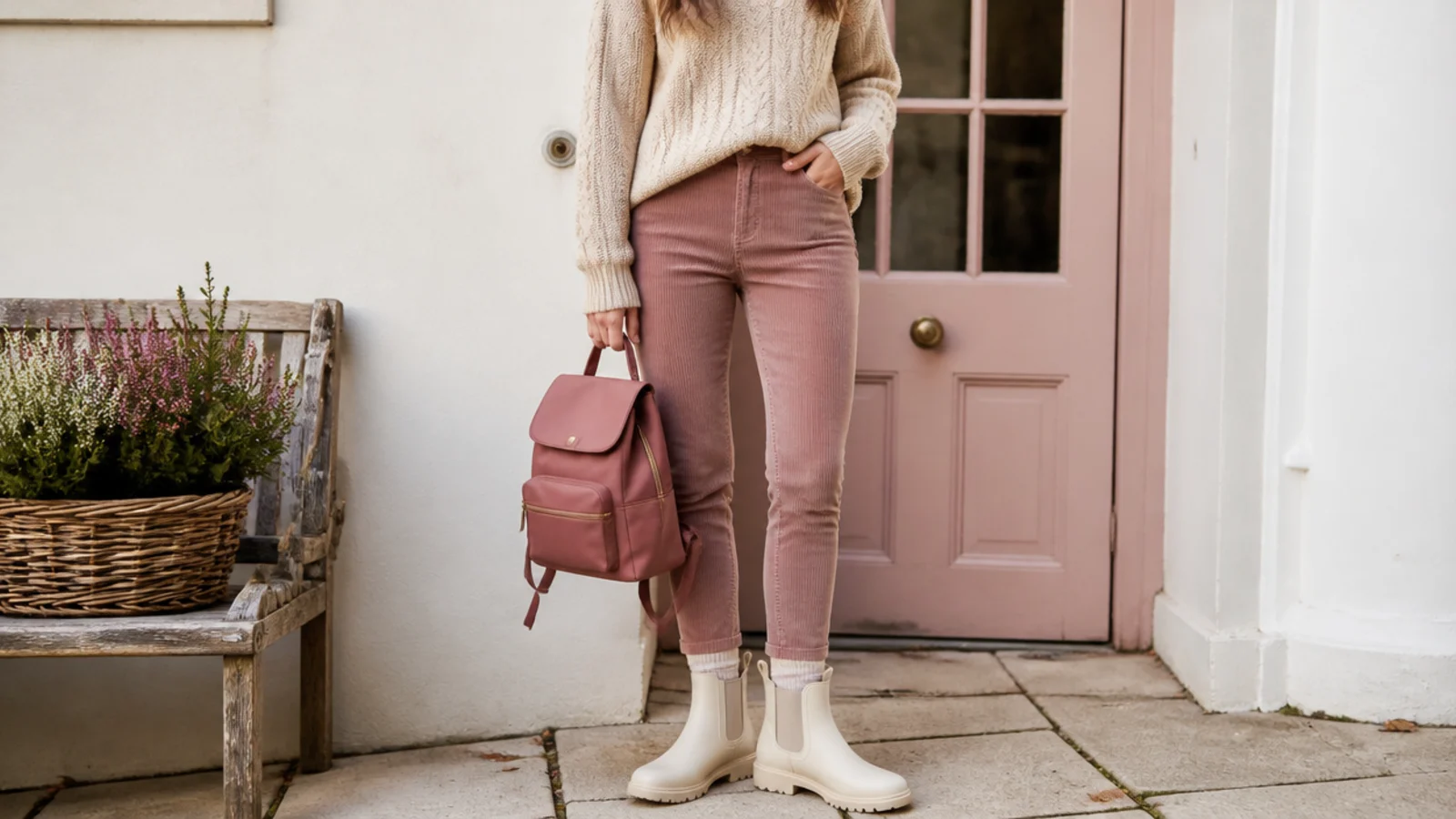 Faceless school outfit with a knit sweater, slim corduroy pants and rubber Chelsea rain boots