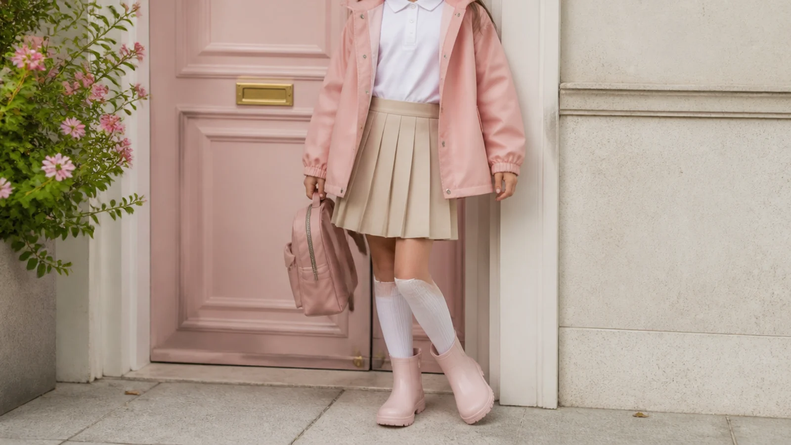 Faceless uniform school outfit with a raincoat over a polo, a pleated skirt, knee socks and short rain boots