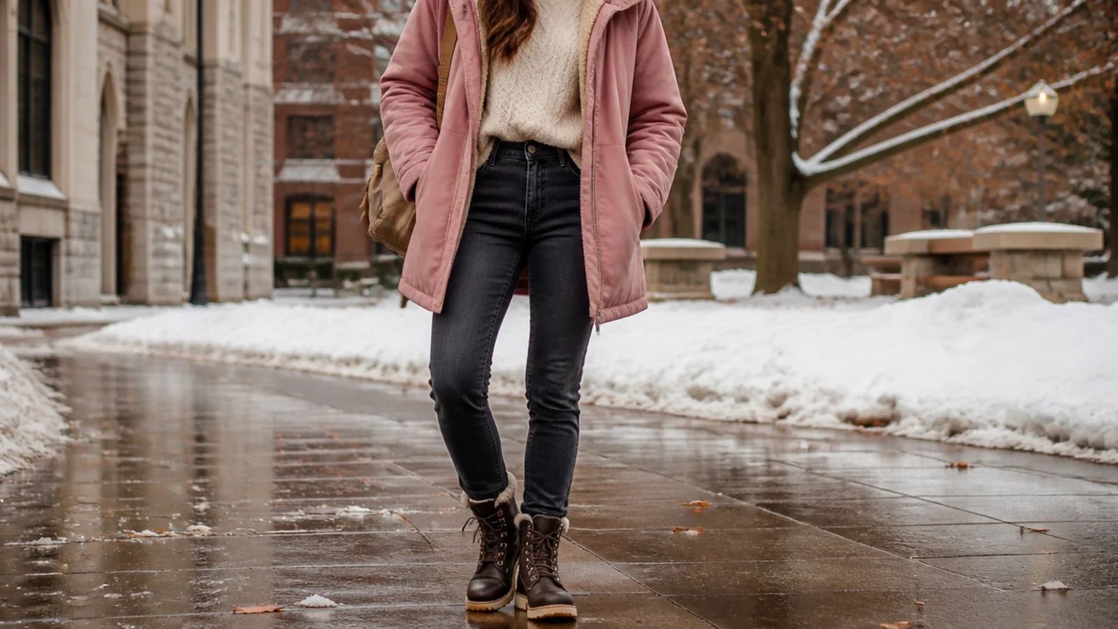 Faceless cold-day school outfit with a fleece-lined water-resistant jacket, dark jeans and waterproof lace-up boots