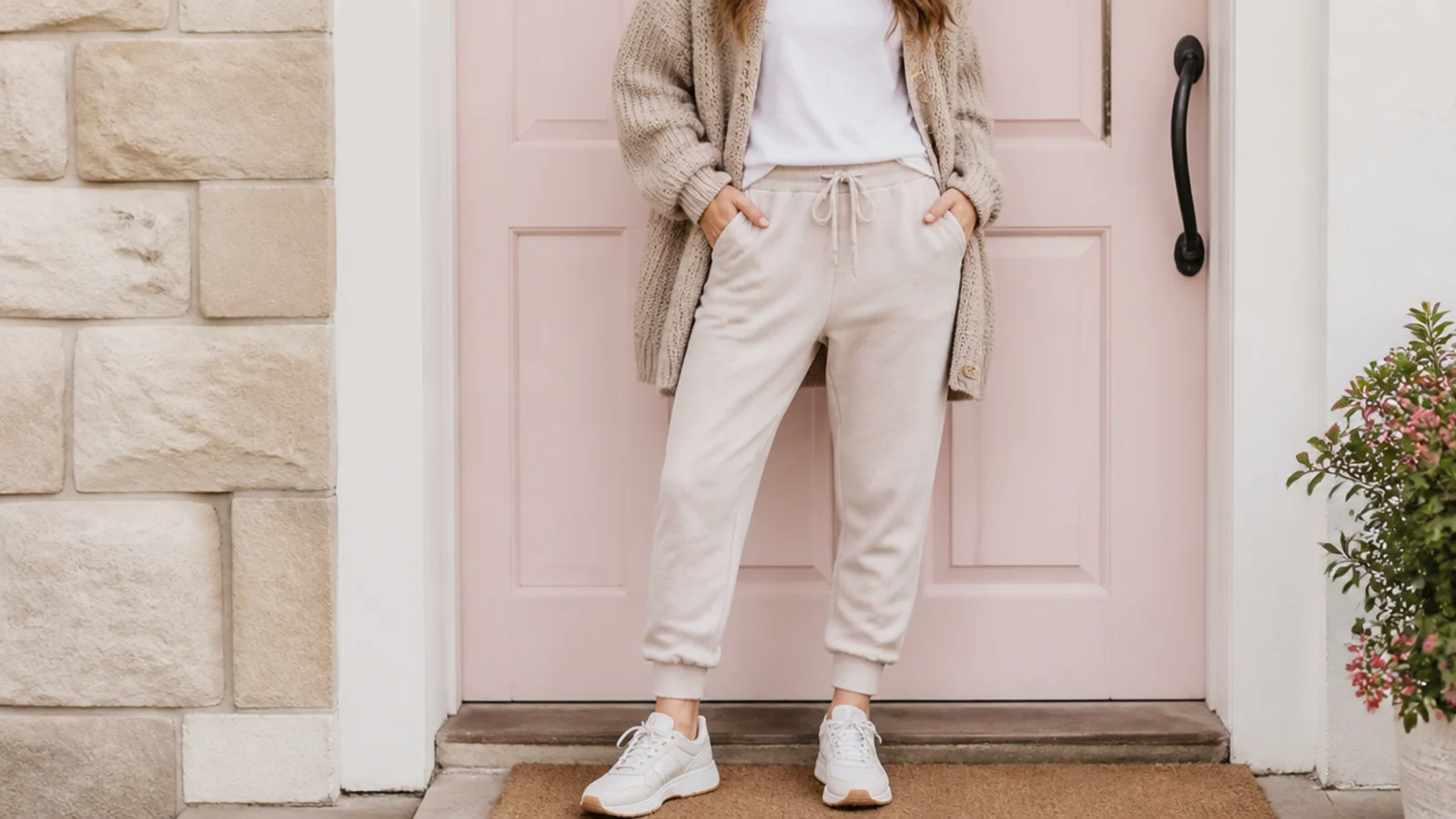 Faceless comfy school outfit with a chunky cardigan over a tee, joggers and waterproof sneakers
