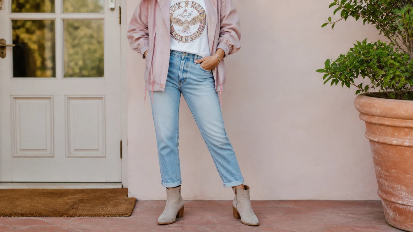Faceless school outfit with a lightweight anorak, a graphic tee and cropped mom jeans with short boots