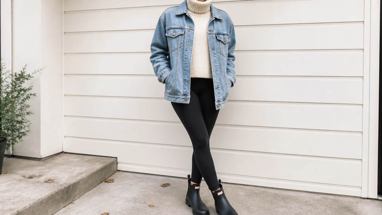 Faceless school outfit with a denim jacket over a turtleneck, thick black leggings and short rain boots