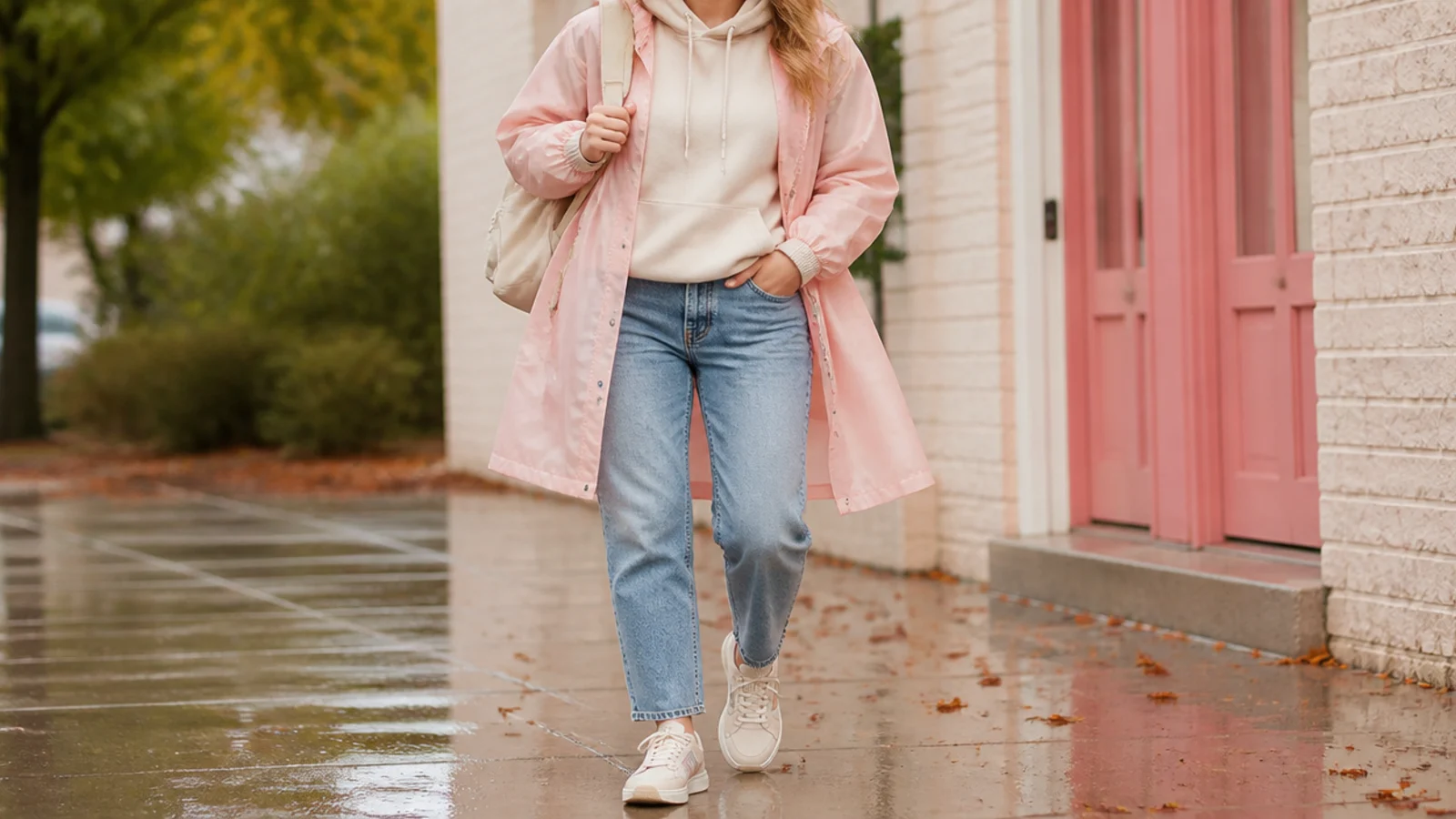 Faceless school outfit with a rain poncho over a hoodie, jeans and waterproof sneakers