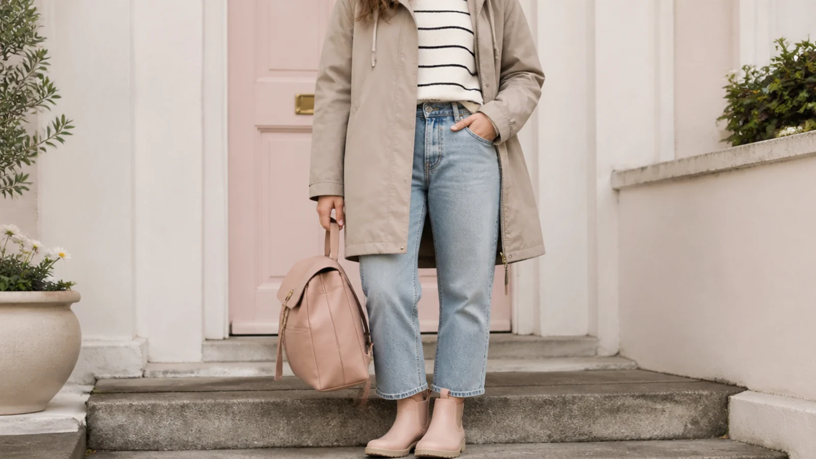 Faceless school outfit with a hooded waterproof parka, cropped straight jeans and short rain boots