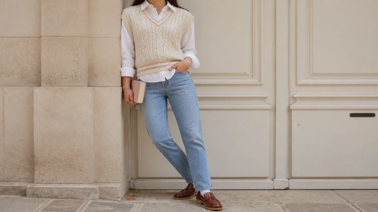 Faceless preppy school outfit with a sweater vest over a collared shirt, jeans and waterproof loafers