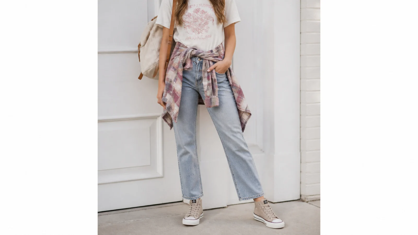 Faceless casual school outfit with a tee, a flannel tied at the waist, jeans and waterproof high-top sneakers