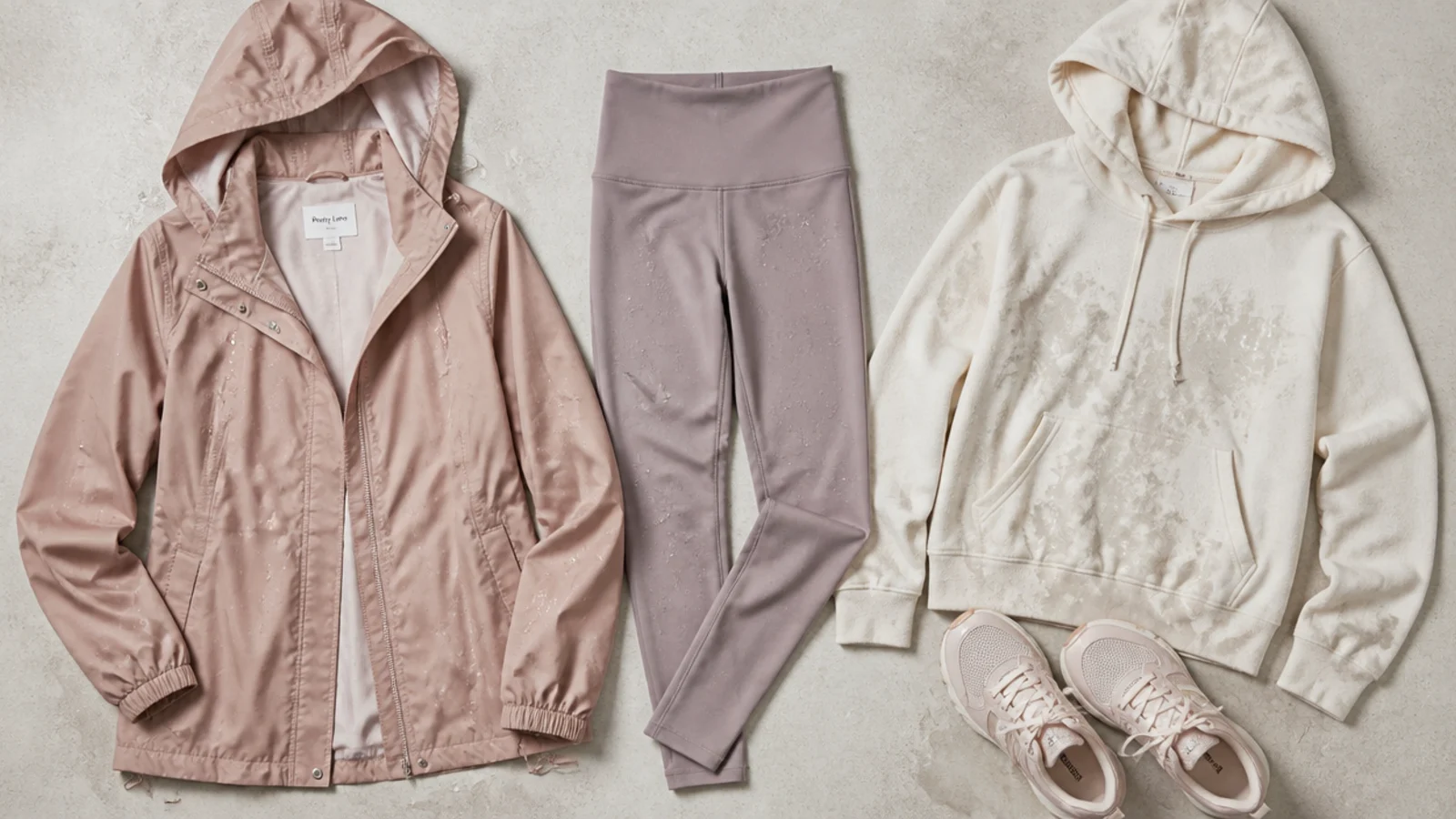 Faceless flat-lay comparing a coated nylon shell, a synthetic legging and a wet cotton hoodie for rain