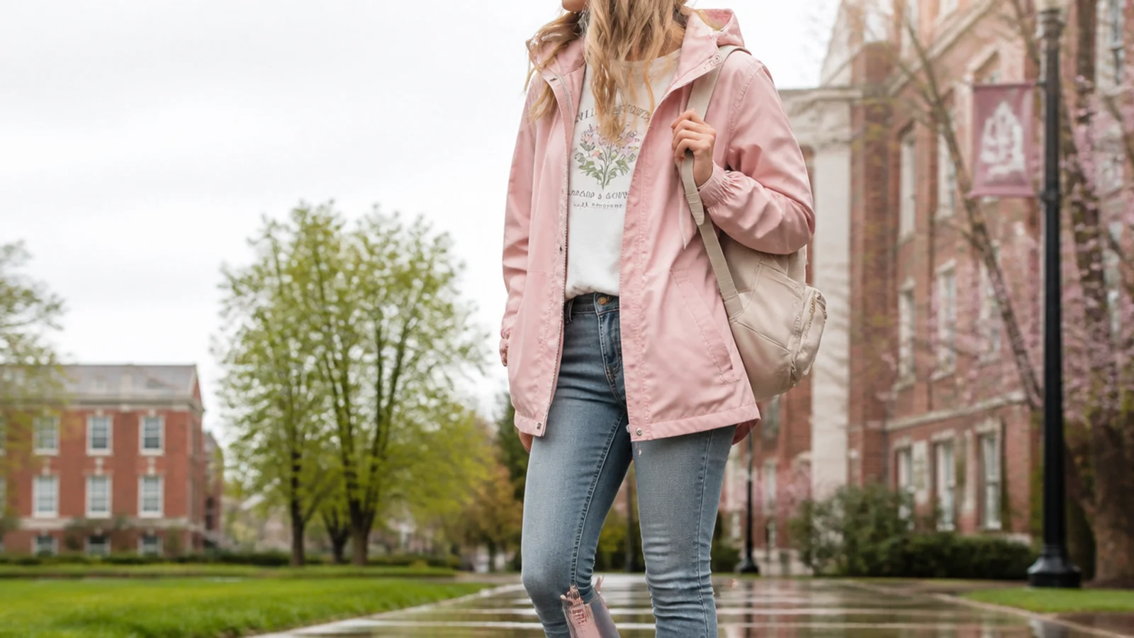 Faceless rainy day school outfit with a graphic tee, a water-resistant hooded jacket, skinny jeans and short rain boots