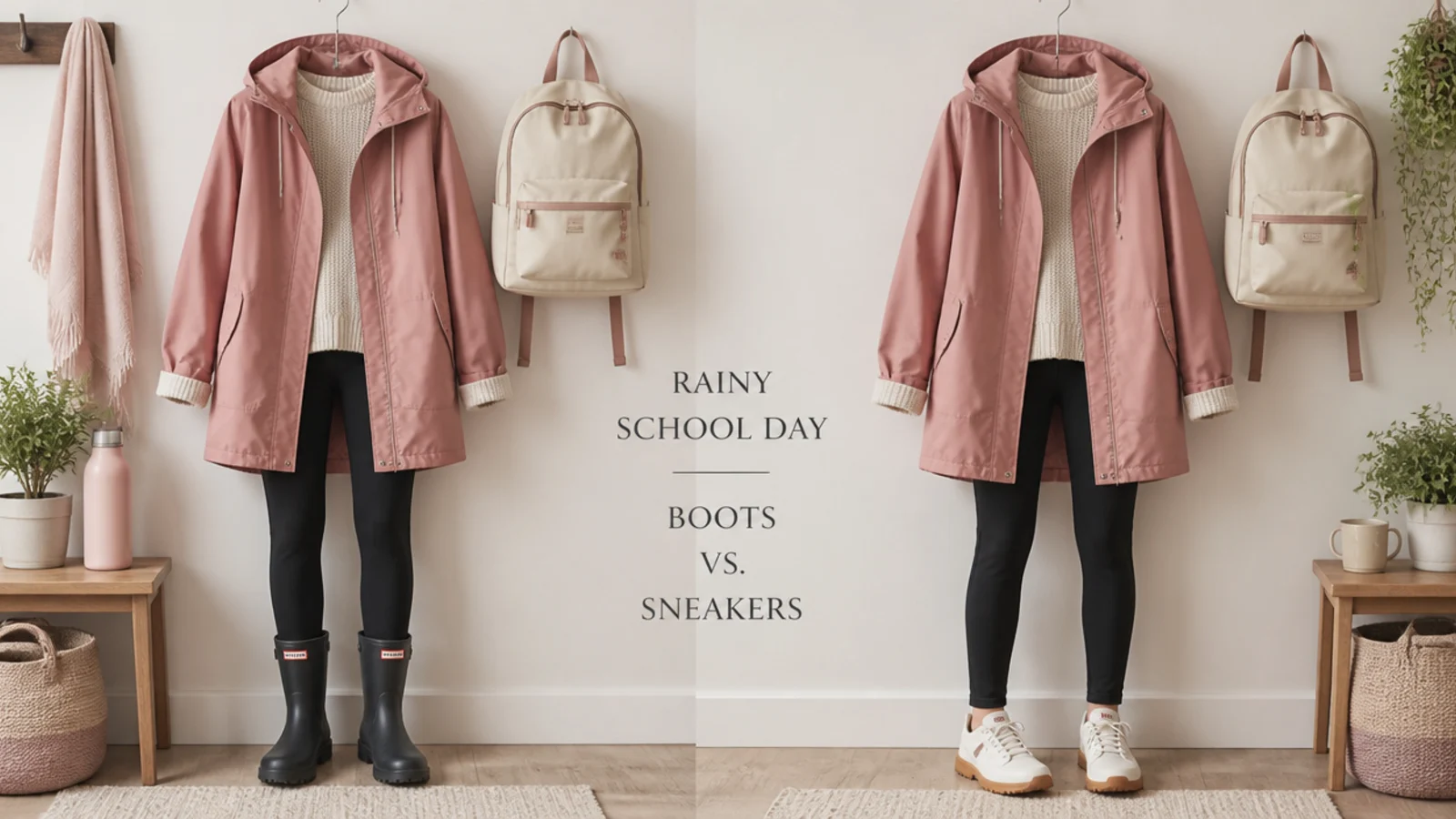 Faceless flat-lay comparing short black rain boots and waterproof sneakers for a rainy school day