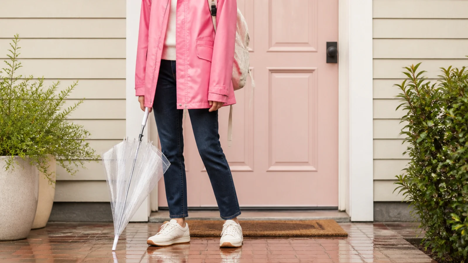 Faceless school outfit with a bright water-resistant jacket, dark jeans and a clear bubble umbrella
