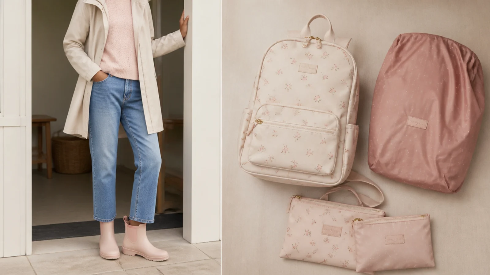 Faceless flat-lay of a coated waterproof backpack, a rain cover and zip bags for a rainy school day