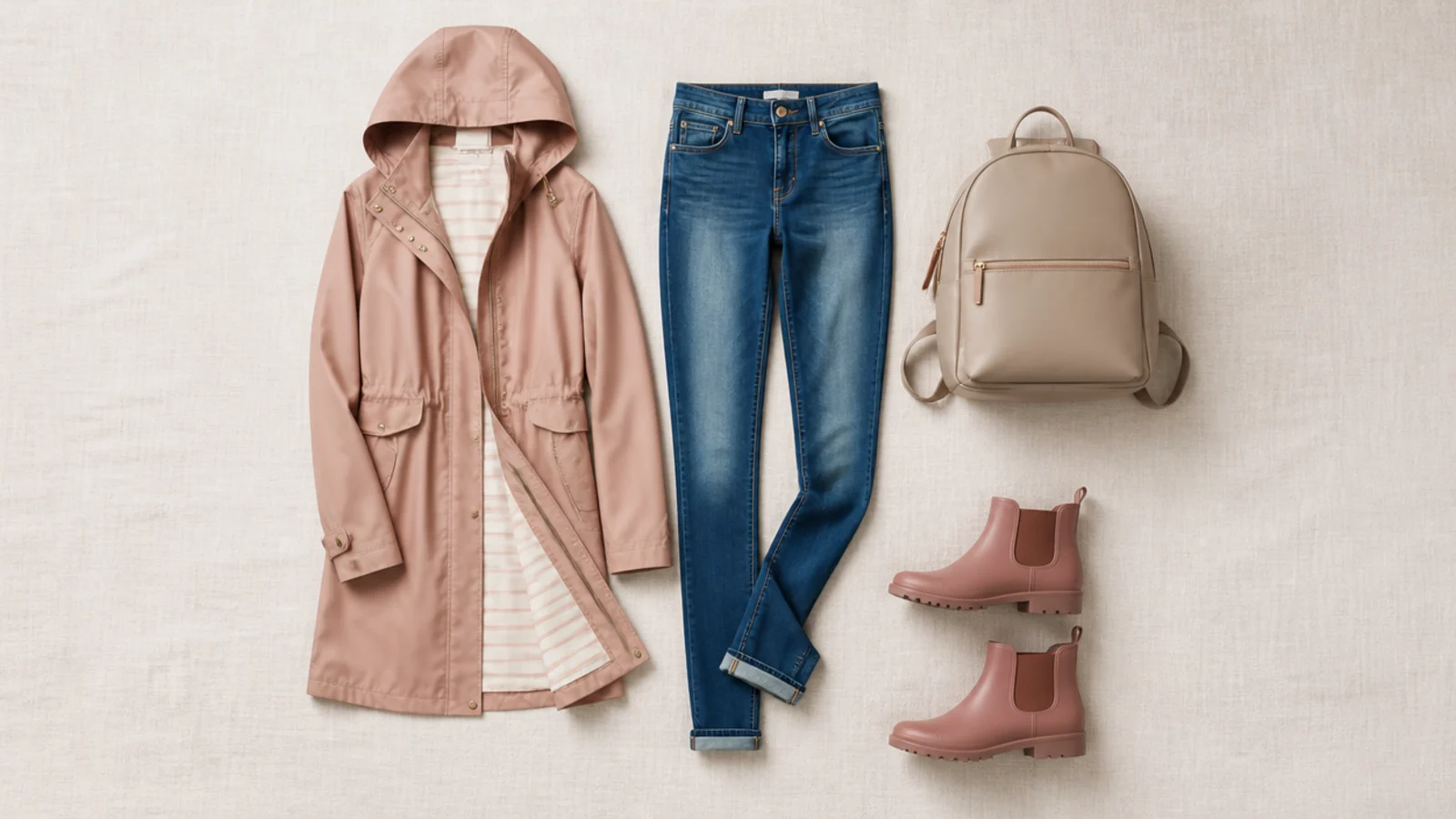 Faceless flat-lay of a hooded water-resistant jacket, skinny jeans, short rain boots and a coated backpack