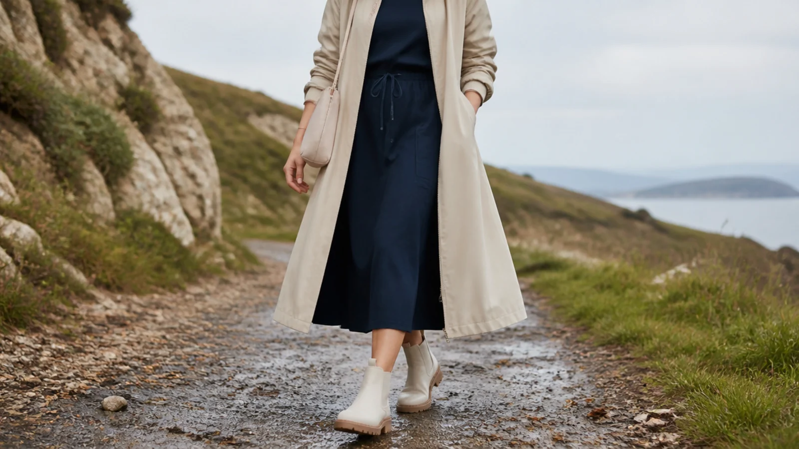 Faceless full-length shot of a beige packable trench over a navy quick-dry midi dress with waterproof ankle boots