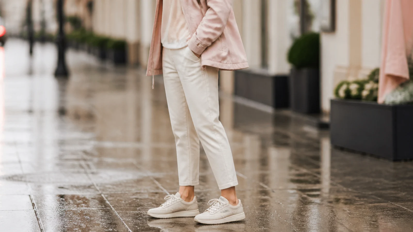 Faceless outfit with GORE-TEX waterproof sneakers, slim cropped trousers and a packable rain shell on a wet street