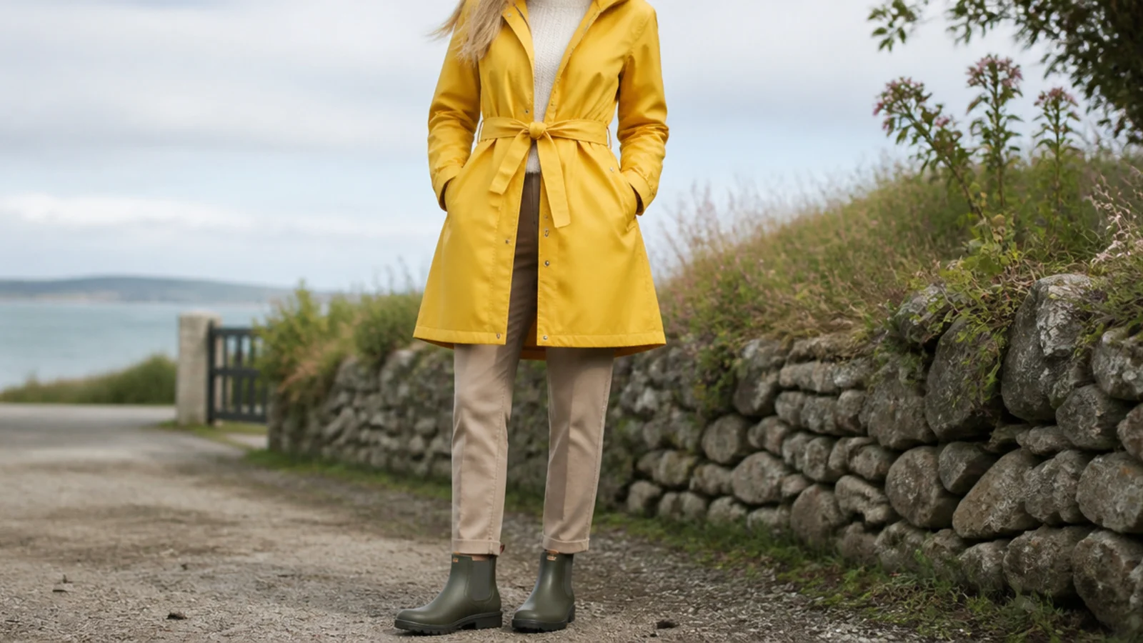 Faceless outfit with a yellow belted raincoat, ankle-length quick-dry pants and rubber Chelsea boots