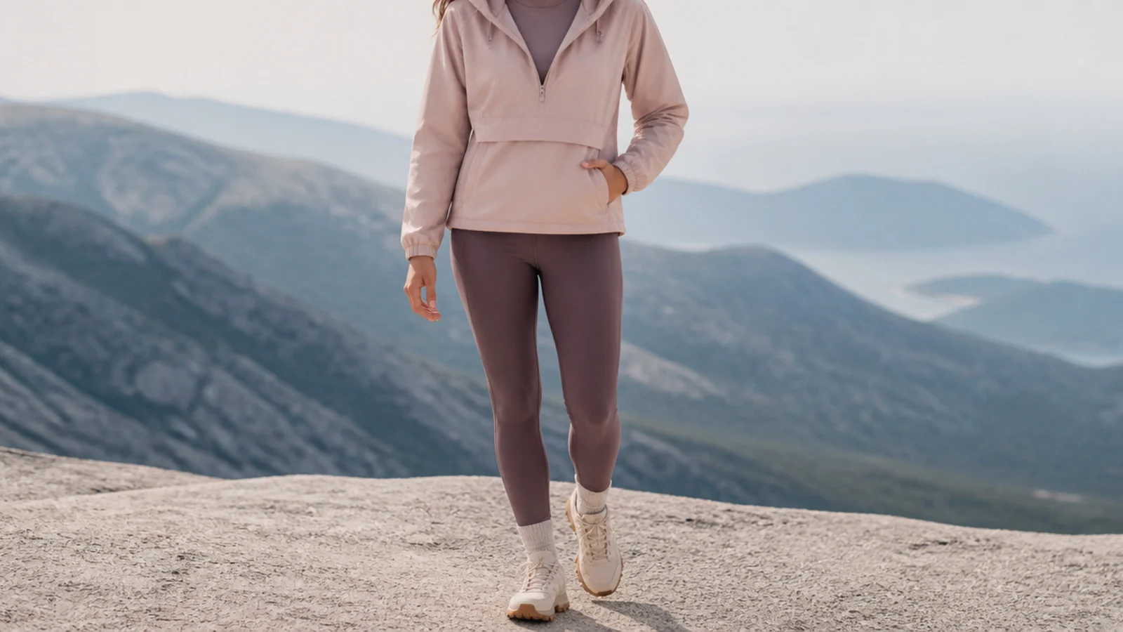 Faceless outfit with a hooded packable anorak, a merino long-sleeve base layer and thick waterproof leggings