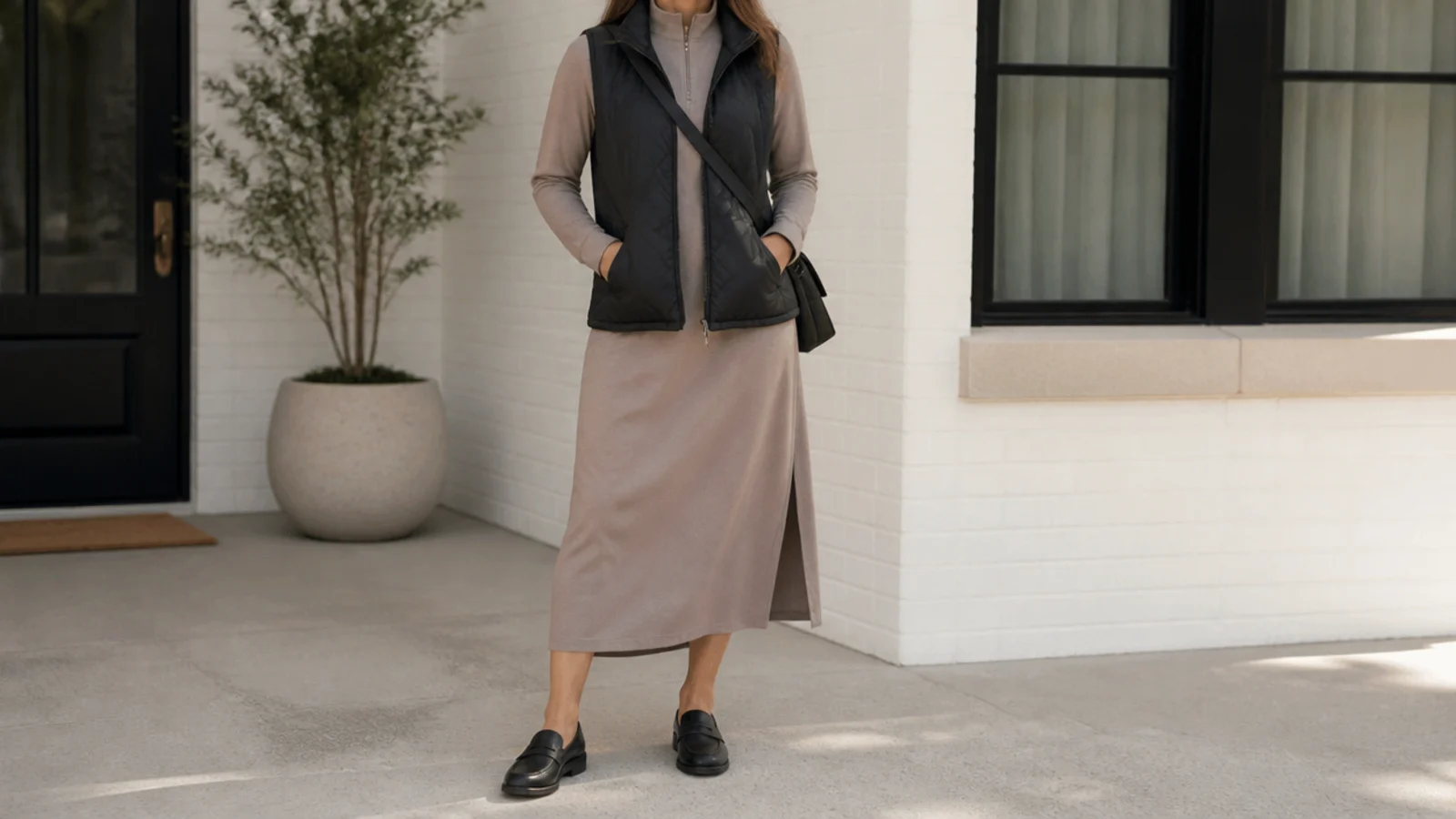 Faceless outfit with a black quilted vest over a long-sleeve quick-dry travel dress and waterproof loafers