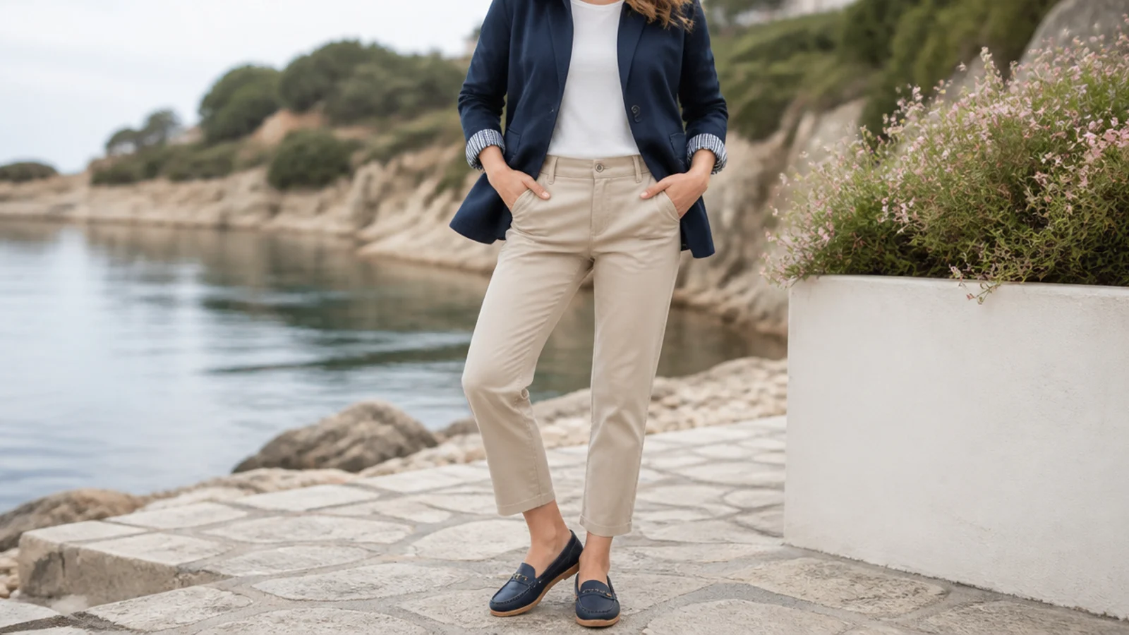 Faceless outfit with a water-resistant navy blazer, a white tee and cropped chinos with waterproof loafers
