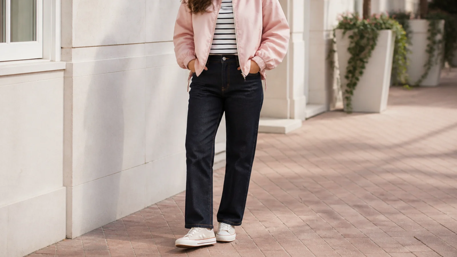 Faceless outfit with a water-resistant nylon bomber, a striped tee and dark straight-leg jeans with waterproof sneakers
