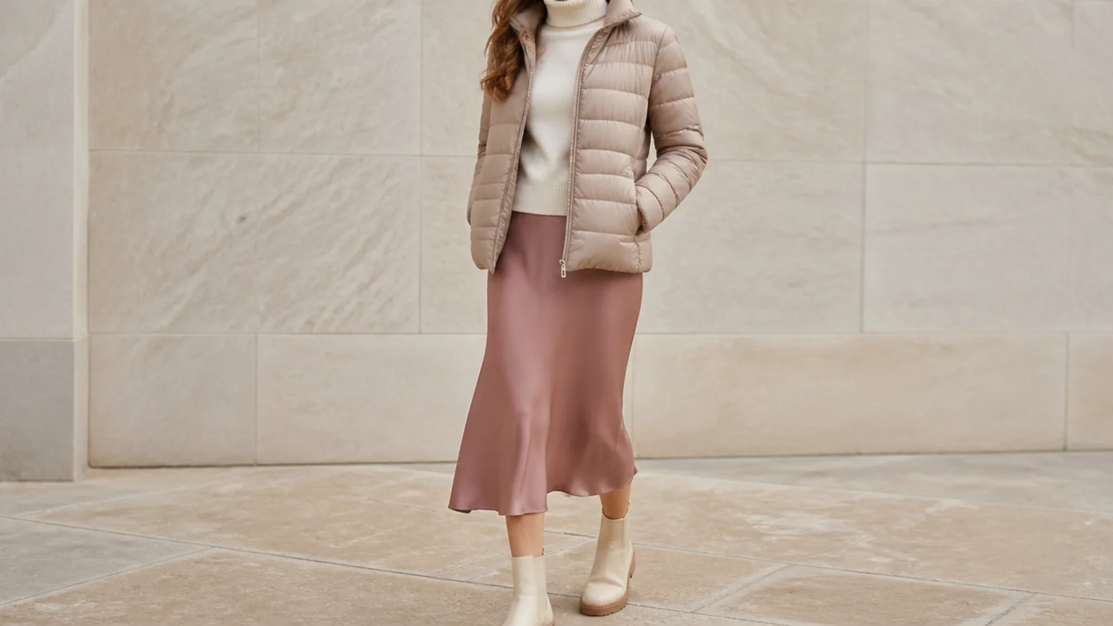Faceless outfit with a synthetic packable puffer, a merino turtleneck and a midi skirt with waterproof ankle boots