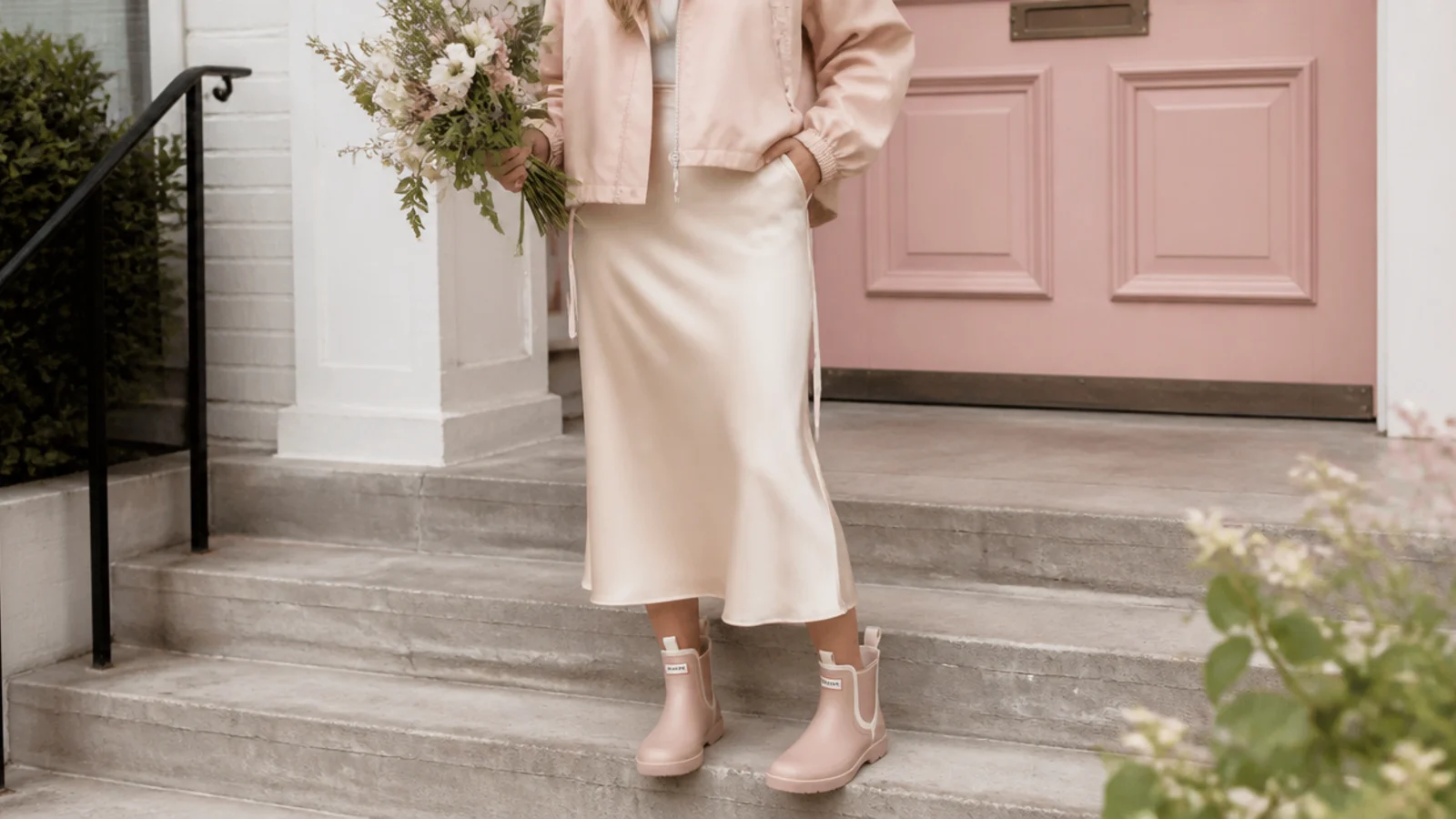 Faceless outfit with a cropped waterproof rain jacket, a satin slip midi skirt and short rain boots