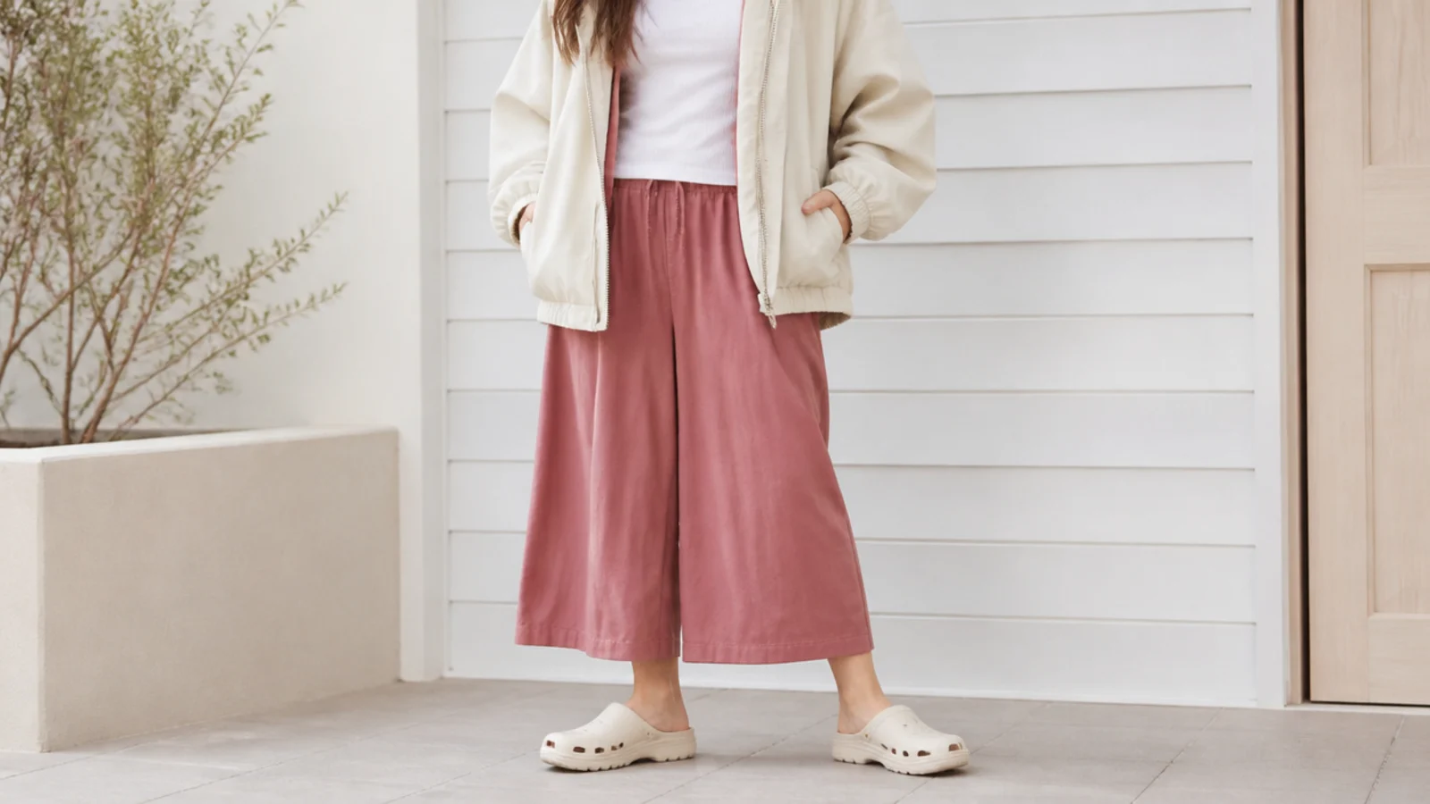 Faceless outfit with a water-resistant utility jacket, wide quick-dry culottes and molded EVA clogs