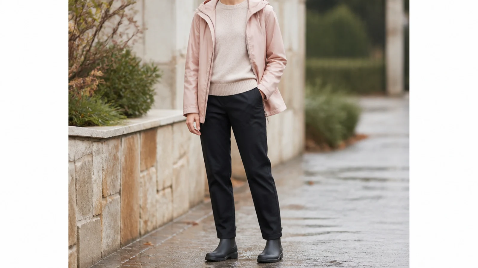 Faceless outfit with a packable rain shell over a cashmere-blend knit, dark trousers and waterproof ankle boots