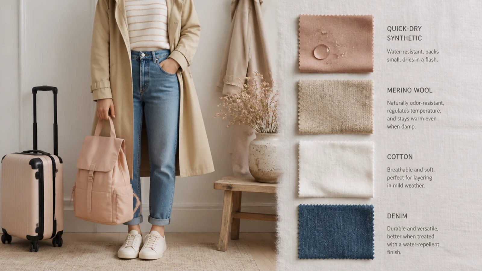 Faceless flat-lay comparing quick-dry synthetic, merino wool, cotton and denim swatches for rainy travel