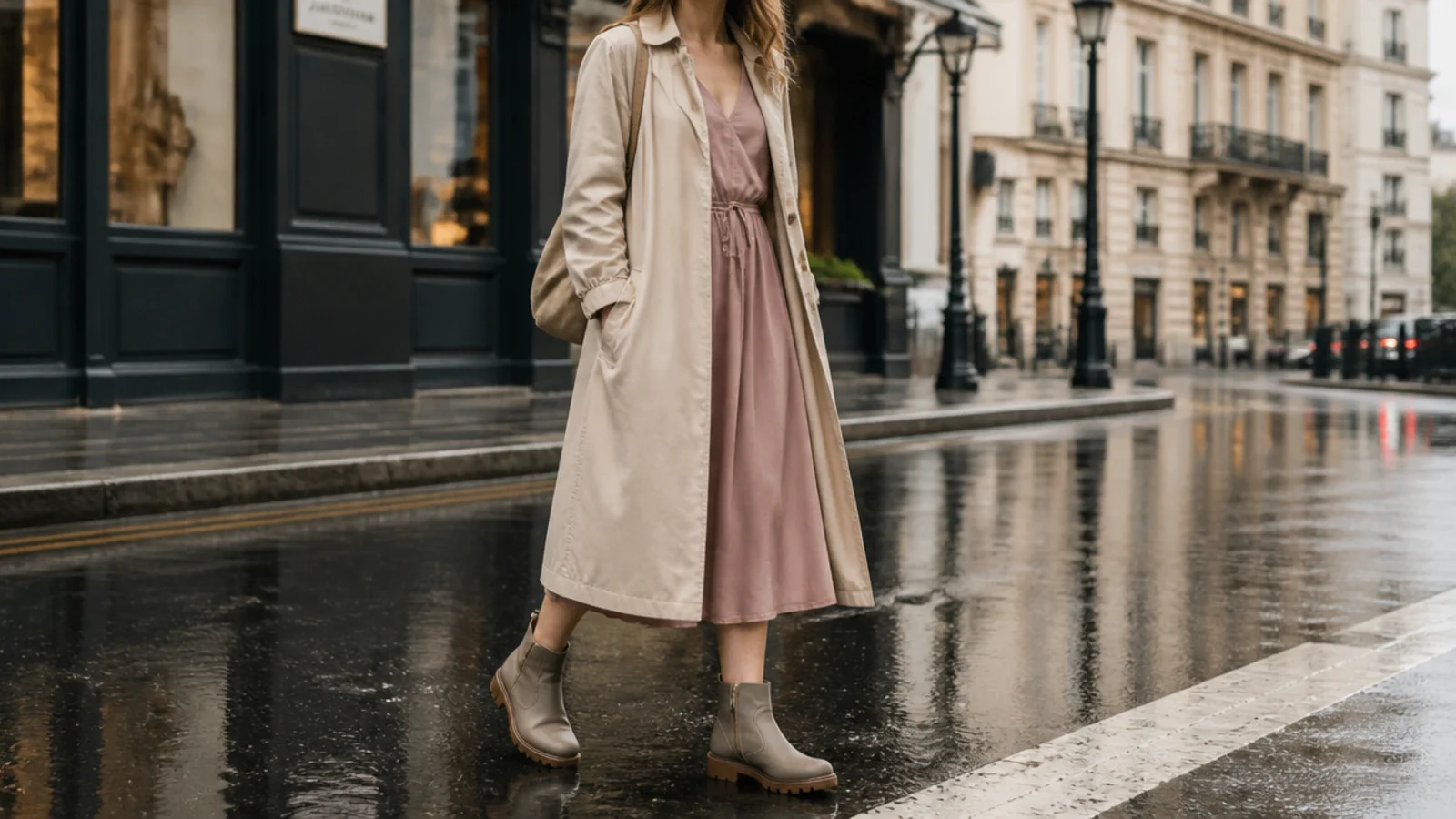 Faceless full-length travel outfit in a packable trench over a quick-dry midi dress and waterproof ankle boots on a wet city street